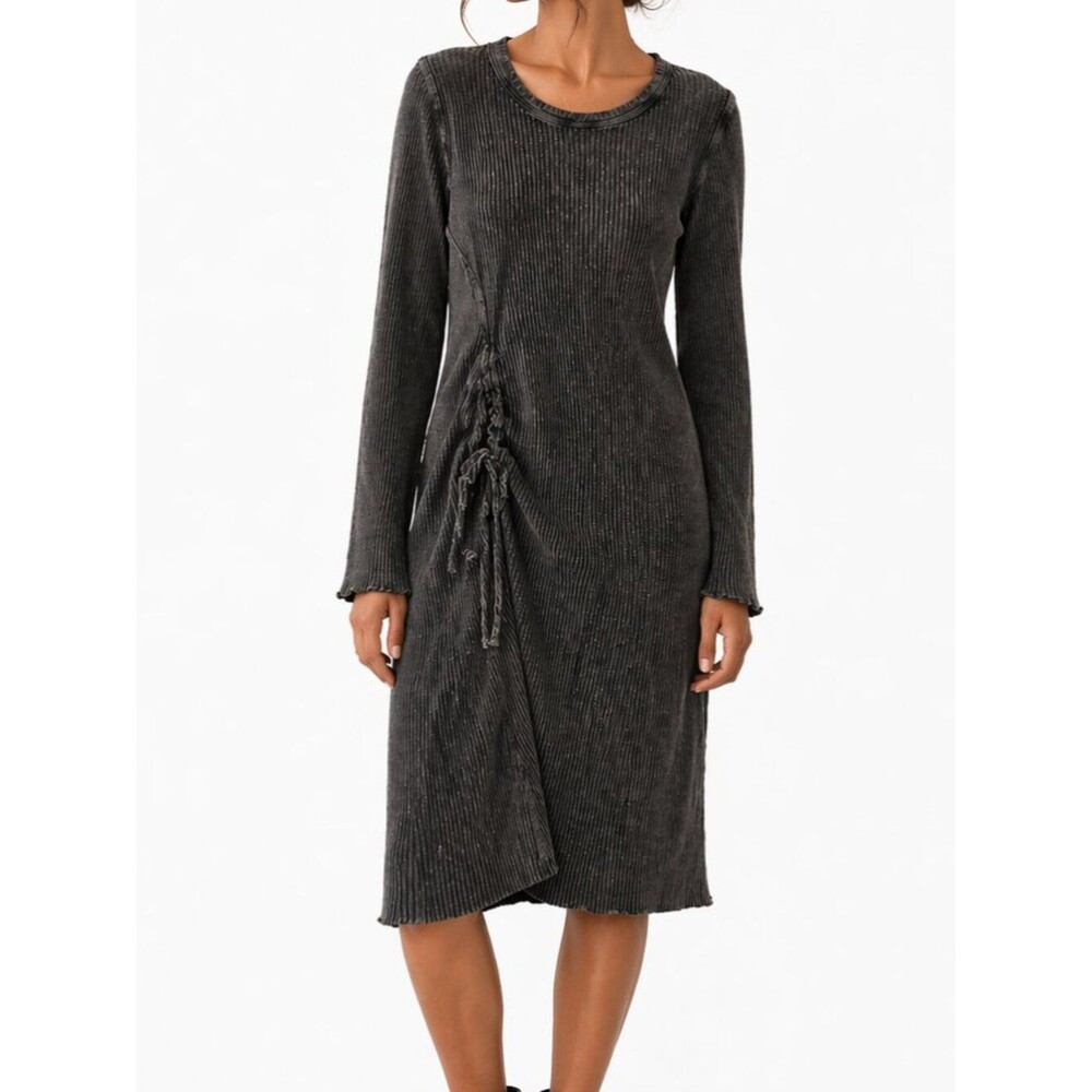 Free People Ribbed Knit Dress Size XL Asymmetrical Ruched Midi Boho Goth